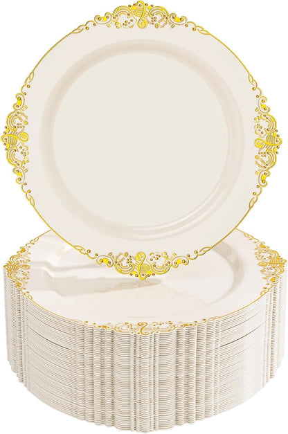 Nervure 100Pcs Clear Red Plastic Plates, Party Plates Set for 50Guests
