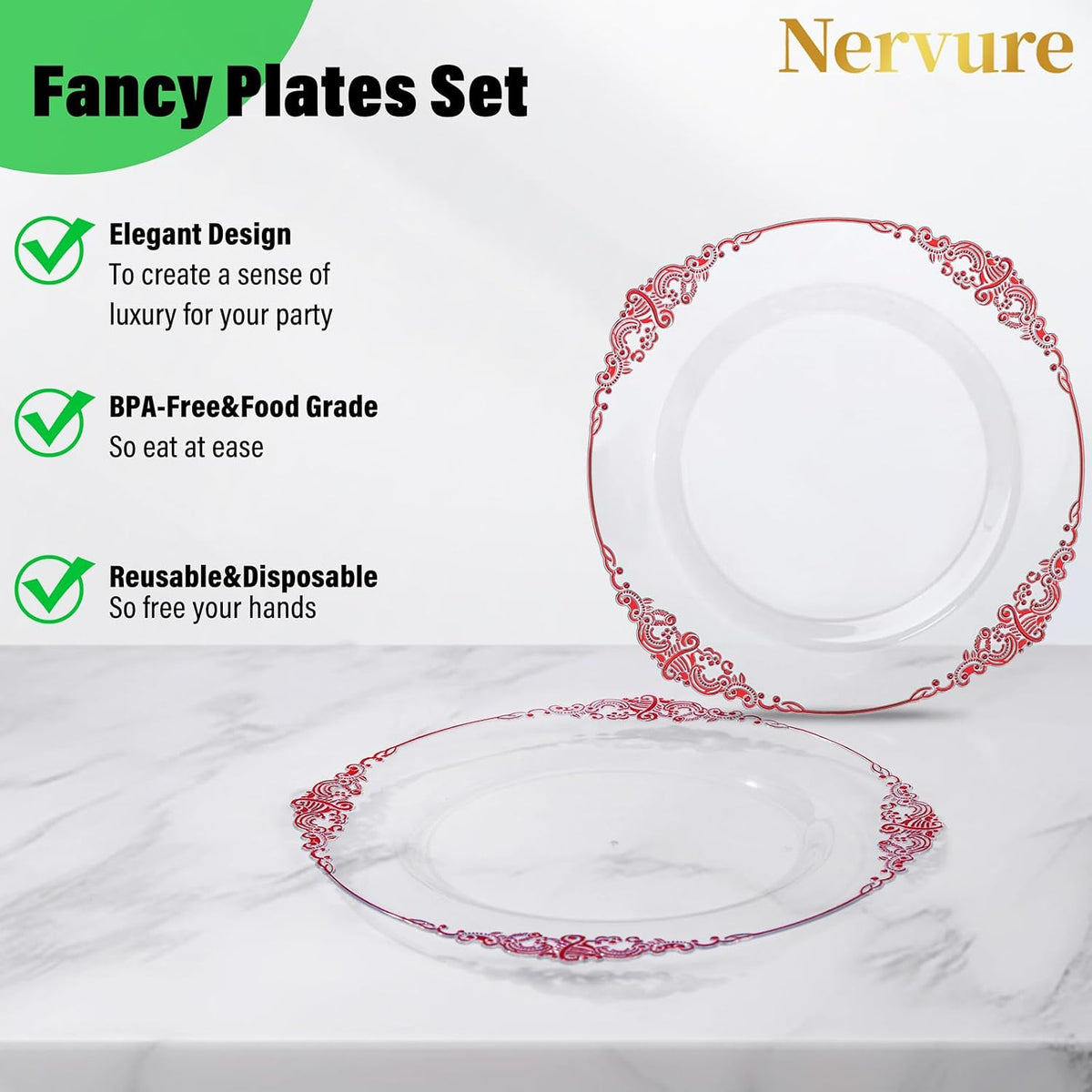 Nervure 100Pcs Clear Red Plastic Plates, Party Plates Set for 50Guests