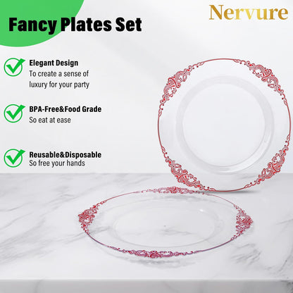 Nervure 100Pcs Clear Red Plastic Plates, Party Plates Set for 50Guests