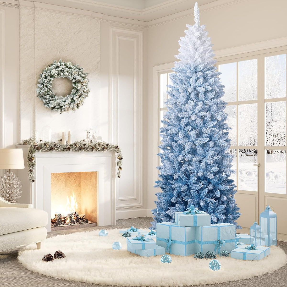 Garvee 6 ft Snow Flocked Pencil Christmas Tree, Slim Artificial Christmas Tree with Sturdy Metal Stand, Skinny Xmas Tree Holiday Decoration for Home, Office, Blue Gradient