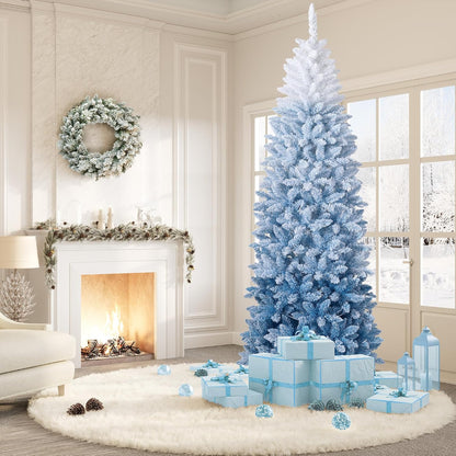 Garvee 6 ft Snow Flocked Pencil Christmas Tree, Slim Artificial Christmas Tree with Sturdy Metal Stand, Skinny Xmas Tree Holiday Decoration for Home, Office, Blue Gradient