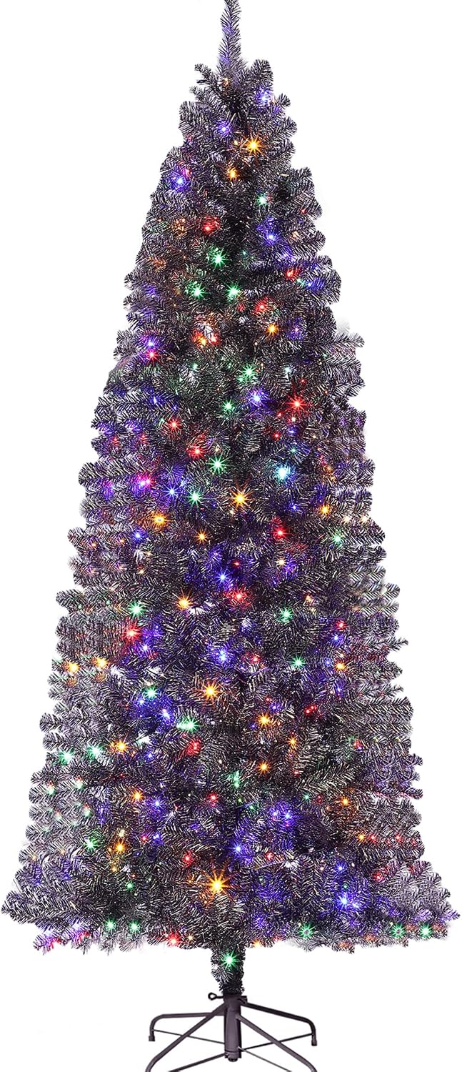 Garvee 6 ft Pencil Christmas Tree,Artificial Pre-Lit Christmas Tree,Realistic Frosted Xmas Tree Holiday Decoration, with LED Light and Metal Stand