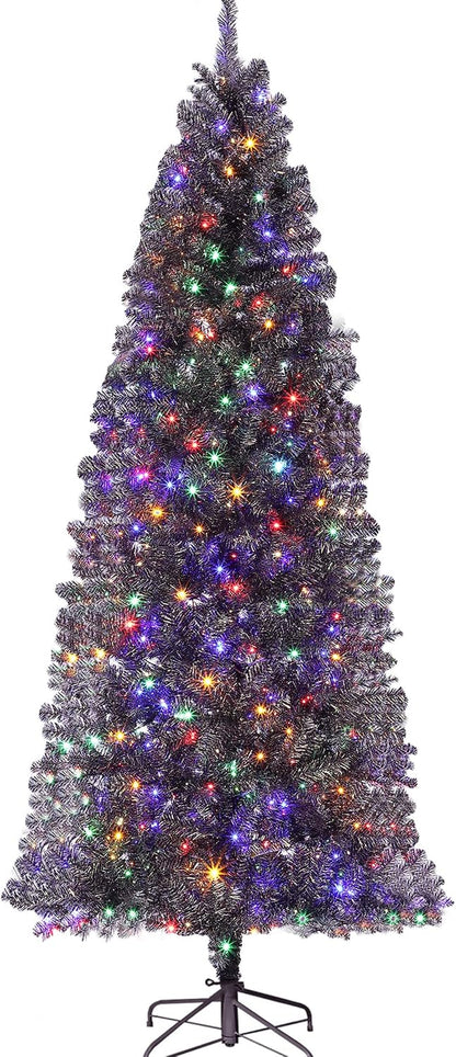Garvee 6 ft Pencil Christmas Tree,Artificial Pre-Lit Christmas Tree,Realistic Frosted Xmas Tree Holiday Decoration, with LED Light and Metal Stand