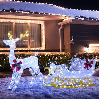 Tangkula 6 FT Christmas Lighted Reindeer & Santa’s Sleigh Set, Warm White