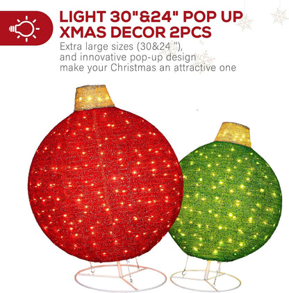Hykolity 2 Pack 30" + 24" Pop-Up Pre-Lit Outdoor Christmas Ornament Set, Holiday Ball Decoration with 230 Warm White LEDs, 8 Light Modes & 18H Timer, Red & Green