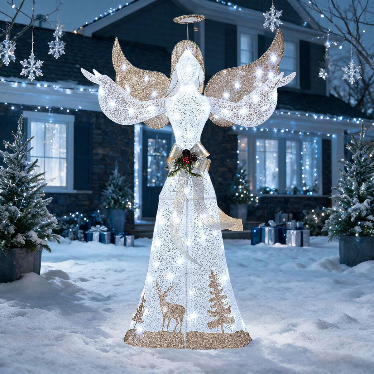 Tangkula 5 FT Christmas Lighted Angel with Trumpet & Halo, 3D Angel Decor