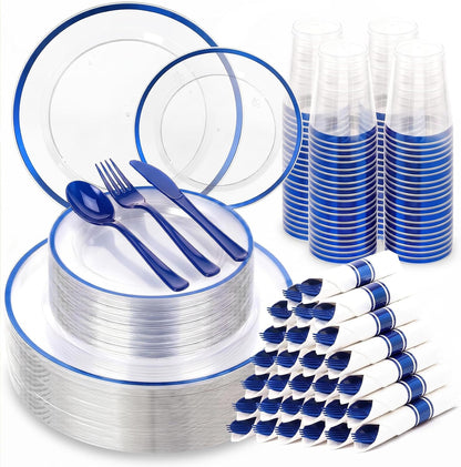 350PCS Clear Red Plastic Plates Dinnerware Sets for 50 Guests