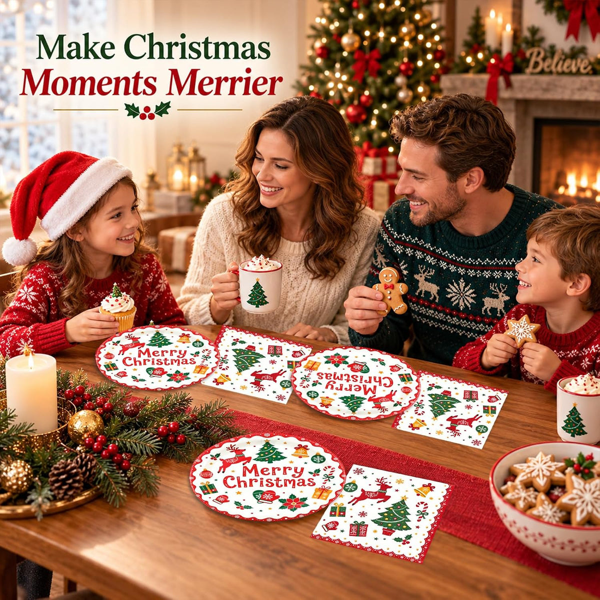 50PCS Christmas Plates and Napkins, 7 Inch Reindeer Dessert Plates