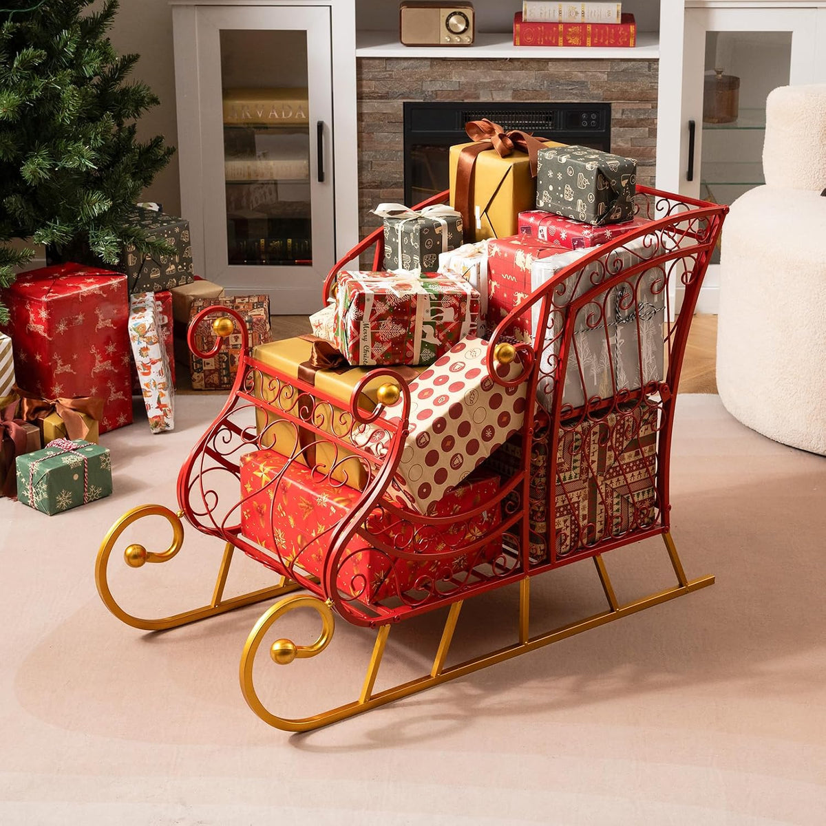 Tangkula Metal Christmas Santa Sleigh Basket, 2-Tier Red Xmas Santa's Gift Storage Sleigh with Large Cargo Area, Festive Decorative Sleigh Cart, Holiday Decoration for Home Office Carnival