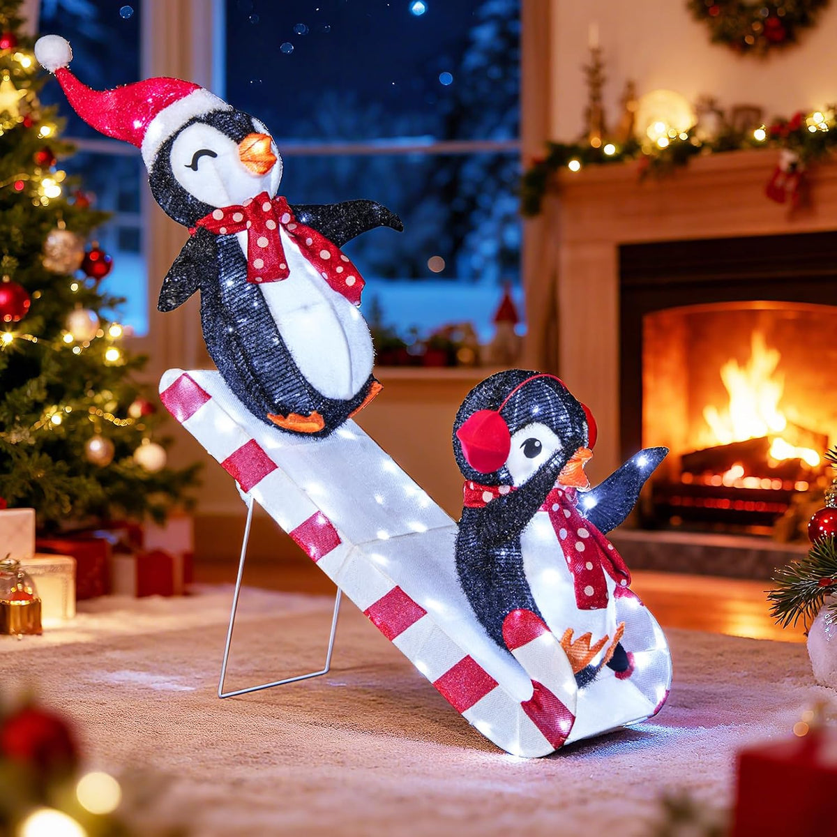 Tangkula Christmas Lighted Penguins Sliding Decoration, 3D Pre-Lit Penguins