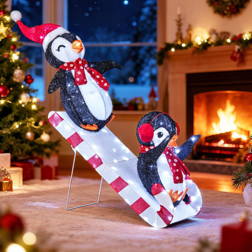 Tangkula Christmas Lighted Penguins Sliding Decoration, 3D Pre-Lit Penguins