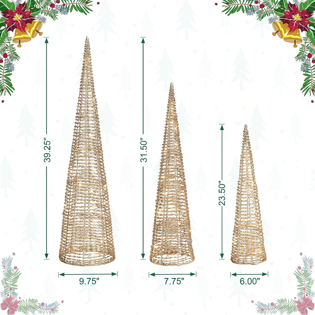 Glitzhome Lighted Christmas Crystal Cone Tree, with 65 LED Lights Warm White Holiday Christmas Decorations pre-lit Lawn Yard Decoration Festival Outdoor and Indoor use Long-Lasting, Gold, Set of 3
