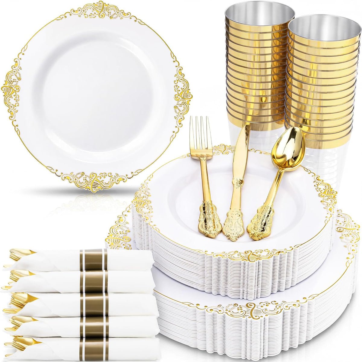 Nervure 350Pcs Red Plastic Plates, Plastic Dinnerware Set for 50 Guests