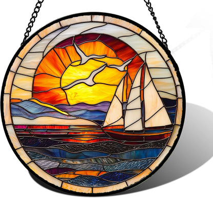 Winter Snow Night Scenery Stained Glass Window Hanging Suncatcher Gift 12"