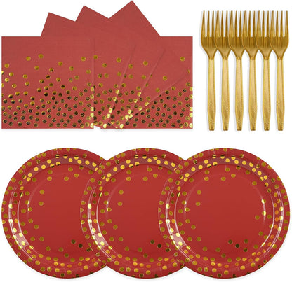 Paper Plates and Napkins Set, Red and Gold Dot, 75PCS, Serves 25