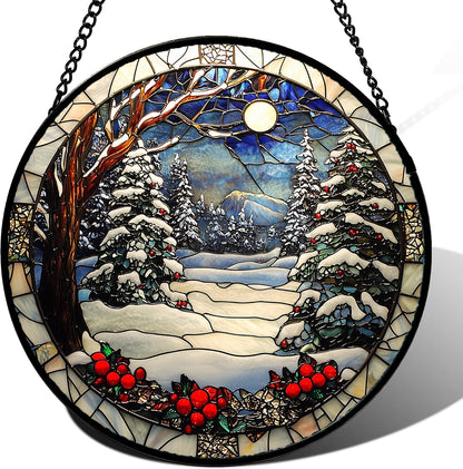 Winter Snow Night Scenery Stained Glass Window Hanging Suncatcher Gift 12"