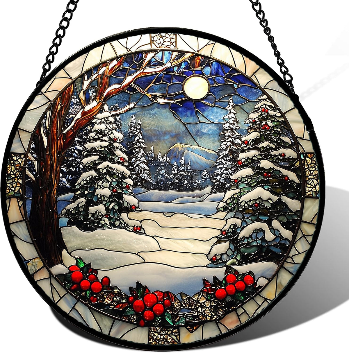 Winter Snow Night Scenery Stained Glass Window Hanging Suncatcher Gift 9.8"