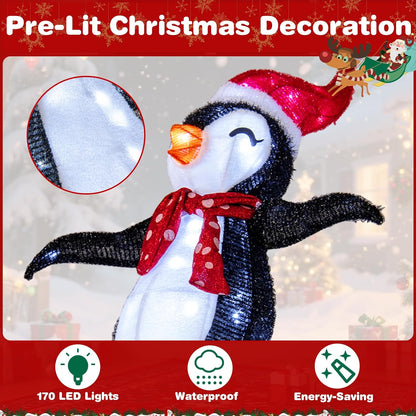 Tangkula Christmas Lighted Penguins Sliding Decoration, 3D Pre-Lit Penguins