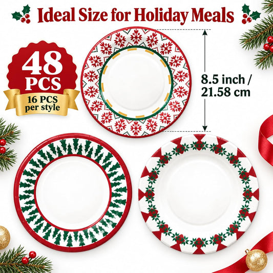 48pcs Christmas Paper Plates, 8.5 inch Xmas Party Plates Table Decorations