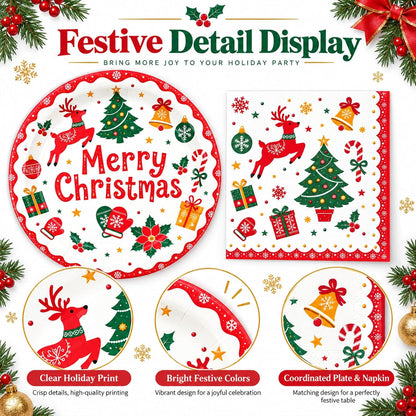 50PCS Christmas Plates and Napkins, 7 Inch Reindeer Dessert Plates