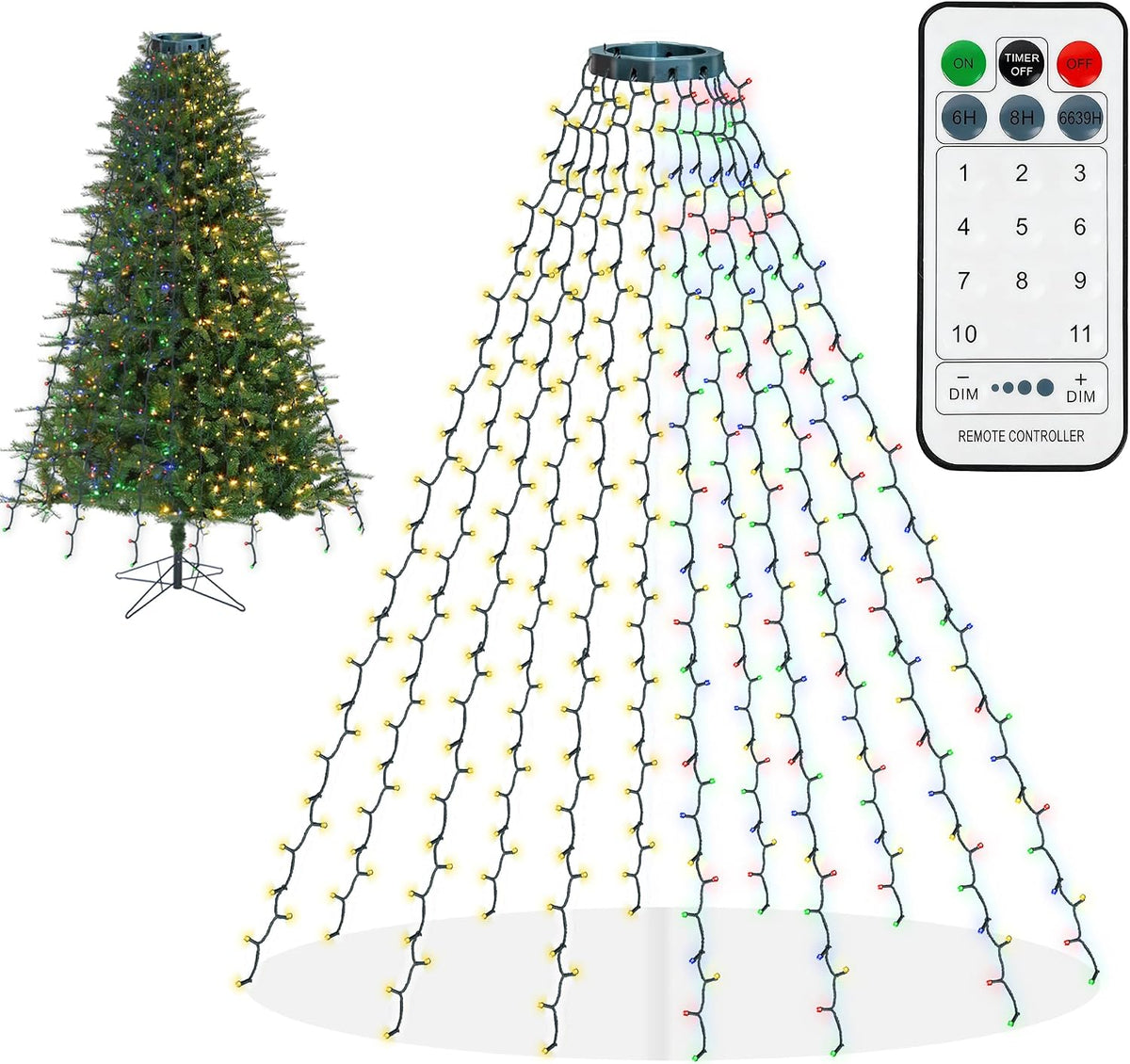 Dazzle Bright Christmas Tree Lights, 448 LED Waterfall Tree Topper Lights with Remote & 8 Lighting Modes, 8.2FT X 16 Lines Christmas Light for Indoor Outdoor Yard Party Xmas Decoration (Warm White)
