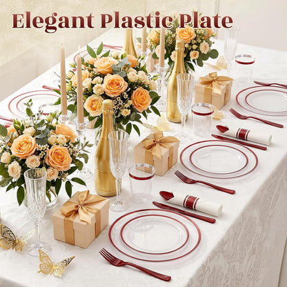 350PCS Clear Red Plastic Plates Dinnerware Sets for 50 Guests