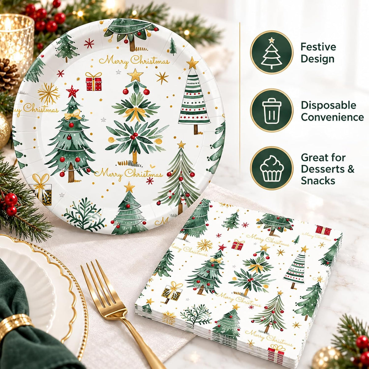 Merry Christmas Plates and Napkins Set, 7inch Xmas Tree Party Decorations