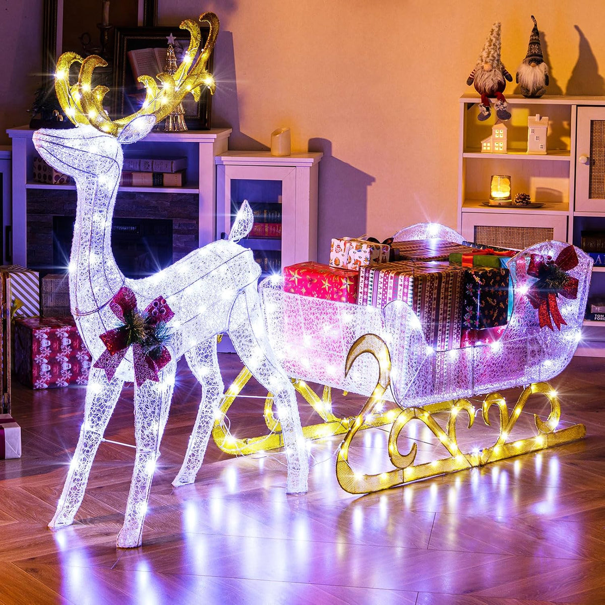 Tangkula 6 FT Christmas Lighted Reindeer & Santa’s Sleigh Set, Cold White