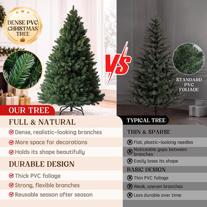 LUCKLIFE 6 ft Artificial Christmas Tree, Full PVC Unlit Christmas Tree with Champagne Gold Mesh Ribbon, Metal Stand, Easy Assembly for Home & Holiday Party Decor, Green