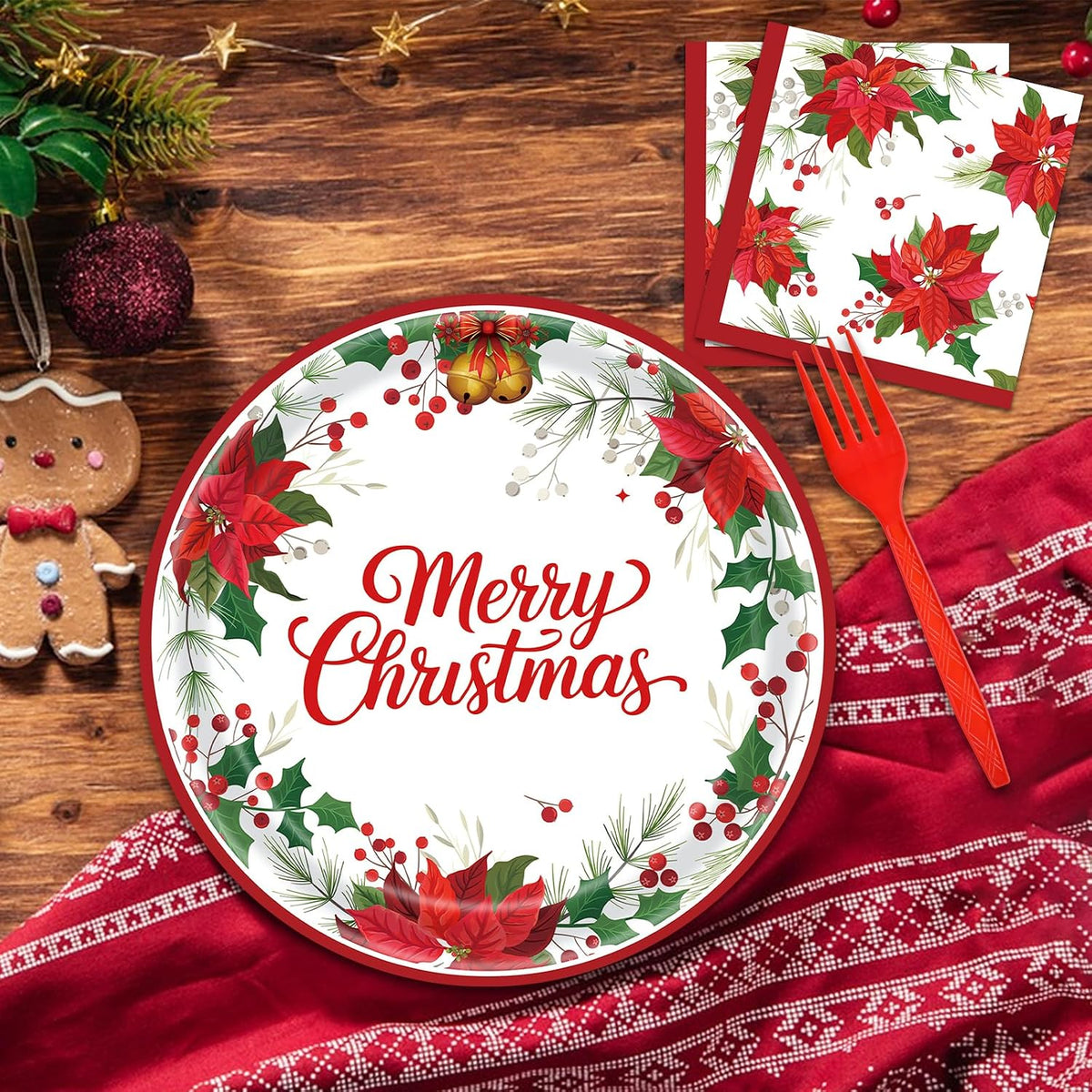 96 Pieces Christmas Poinsettia Tableware Set – Merry Christmas Disposable Plates, Napkins, Forks Party Supplies with Holiday Flower and Holly Designs for Xmas Parties Celebrations – Serves 24 Guests