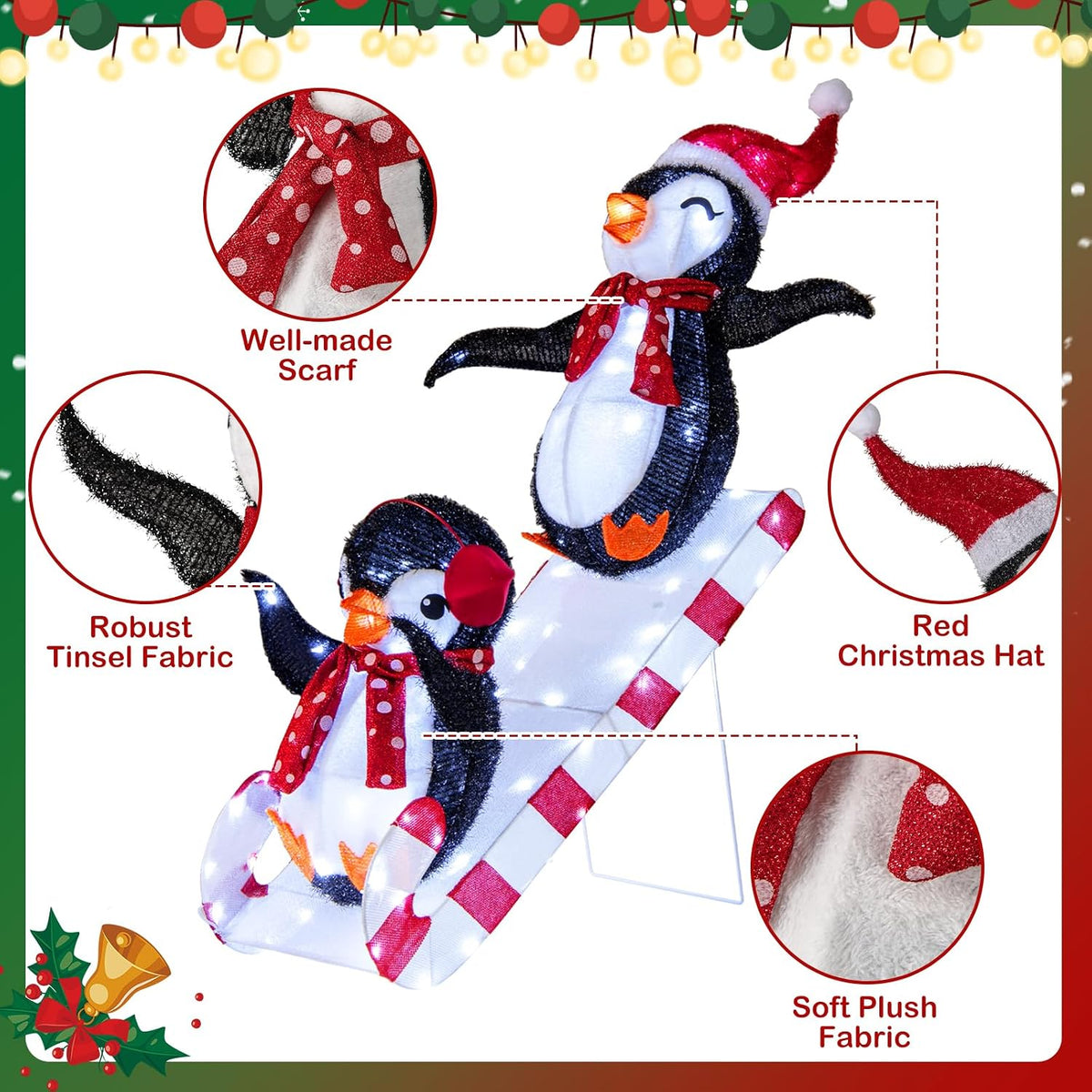 Tangkula Christmas Lighted Penguins Sliding Decoration, 3D Pre-Lit Penguins