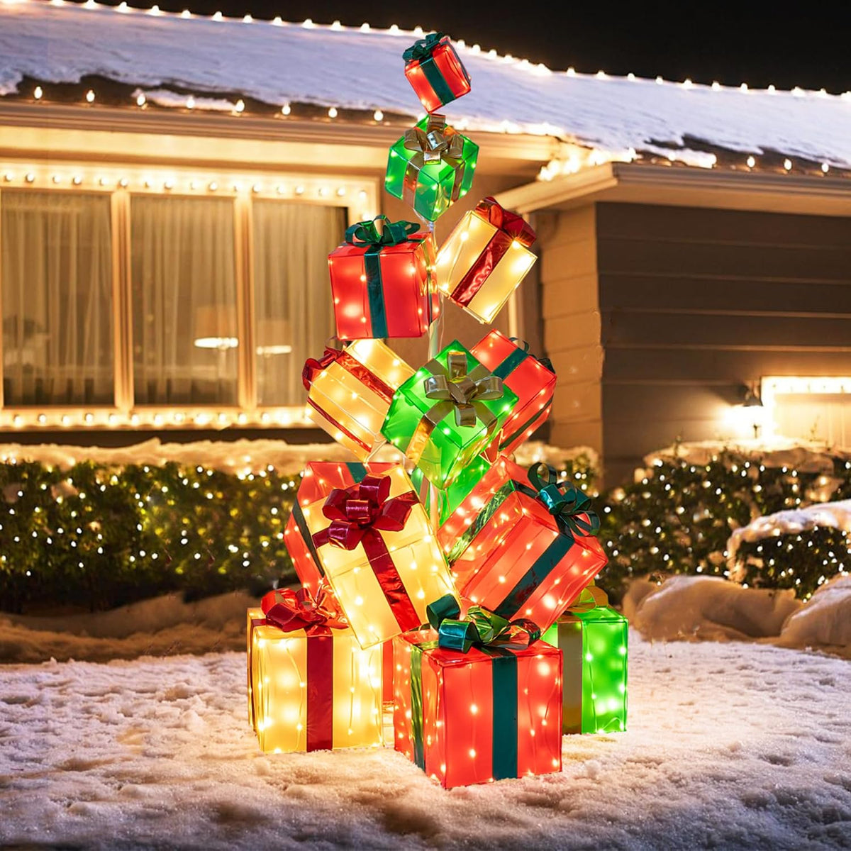 Tangkula 5.6 FT Christmas Lighted Gift Box Tower, 15 PCS Stacked Boxes Tree
