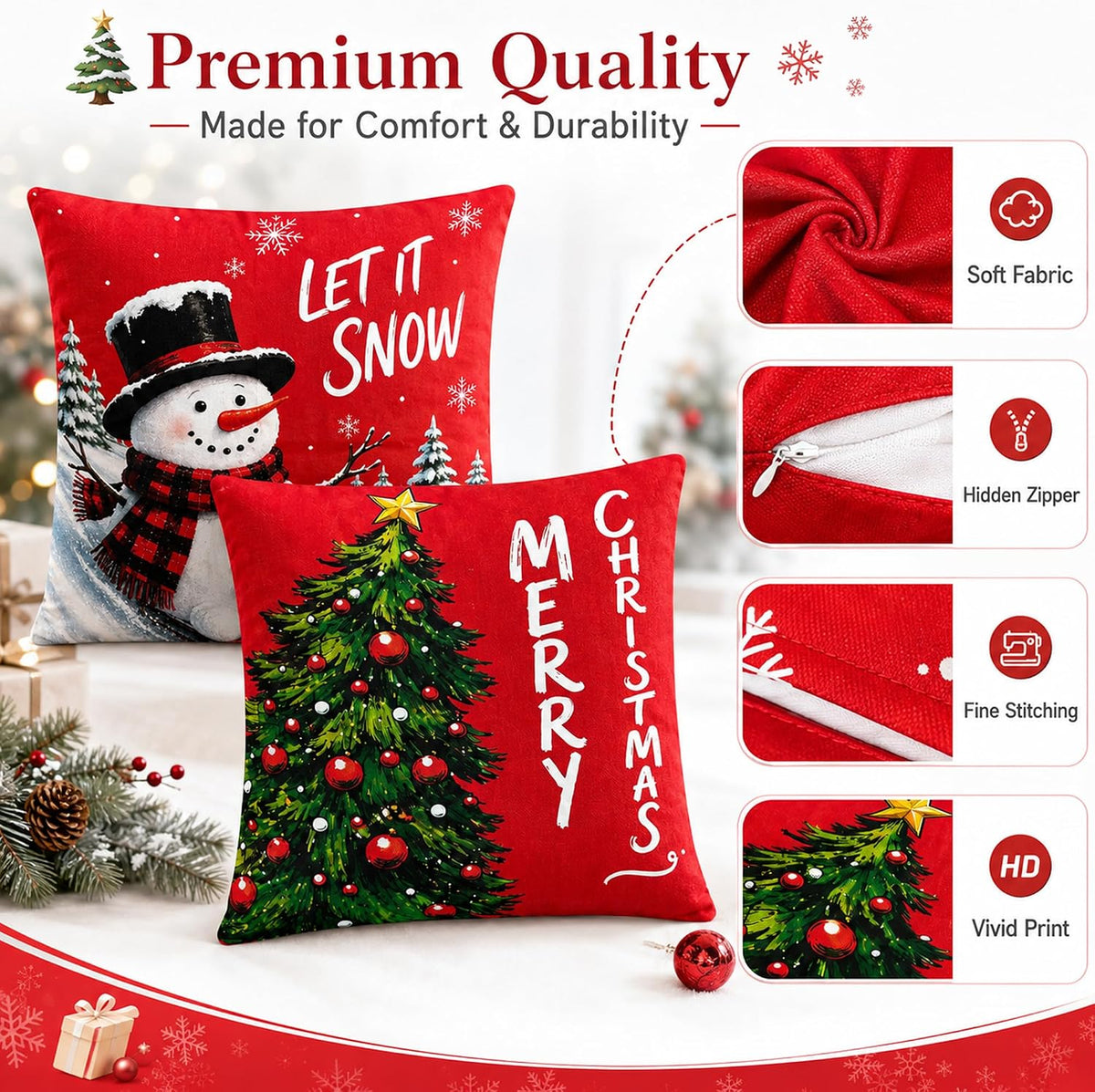 Christmas Decorations - Set of 4 Double-Sided Print Christmas Pillow Covers