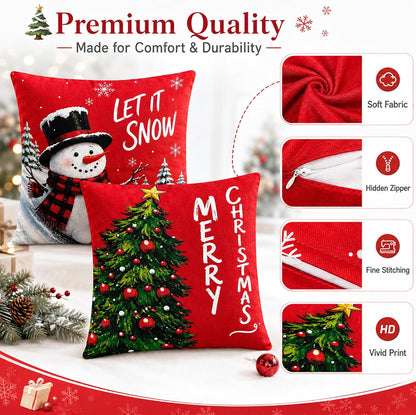 Christmas Decorations - Set of 4 Double-Sided Print Christmas Pillow Covers