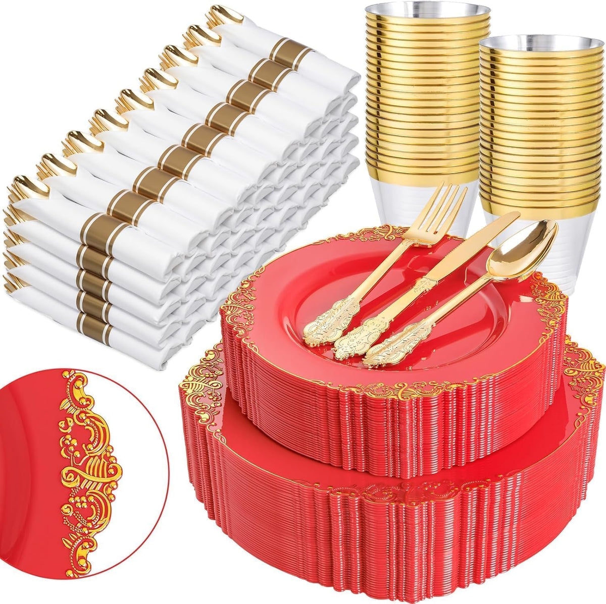 Nervure 350Pcs Red Plastic Plates, Plastic Dinnerware Set for 50 Guests