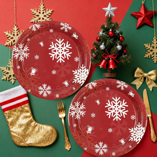 50PCS Christmas Paper Plates, 7 Inches Xmas Plates Disposable Red Snowflake Dinner Dessert Tableware Dinnerware Set for Christmas Winter Holiday Party Supplies Decorations Table Decor