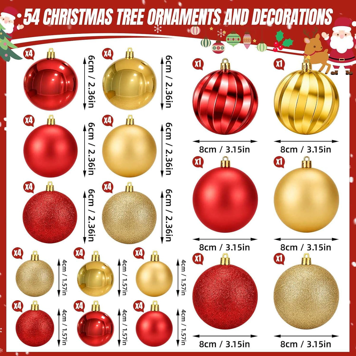 54PCS Red & Gold Christmas Ball Ornaments, Shatterproof Tree Decorations