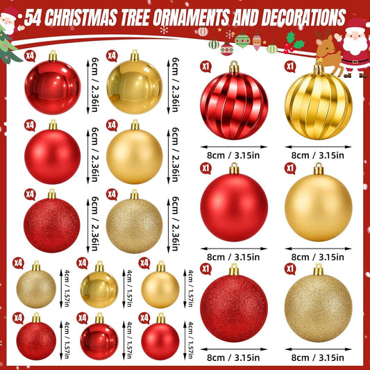54PCS Red & Gold Christmas Ball Ornaments, Shatterproof Tree Decorations