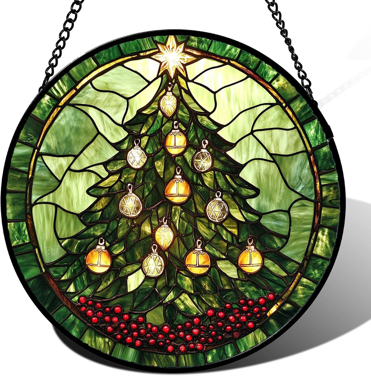 Winter Snow Night Scenery Stained Glass Window Hanging Suncatcher Gift 15"