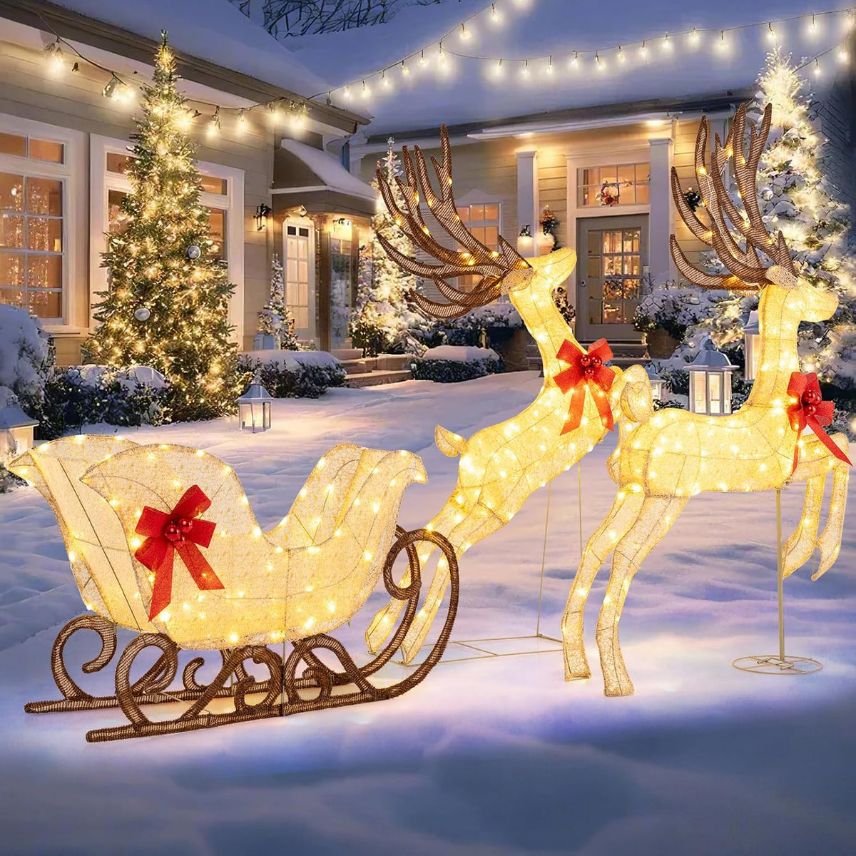 Tangkula 6 FT Christmas Lighted Reindeer & Santa’s Sleigh Set, Cold White
