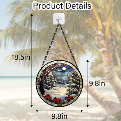 Winter Snow Night Scenery Stained Glass Window Hanging Suncatcher Gift 9.8"