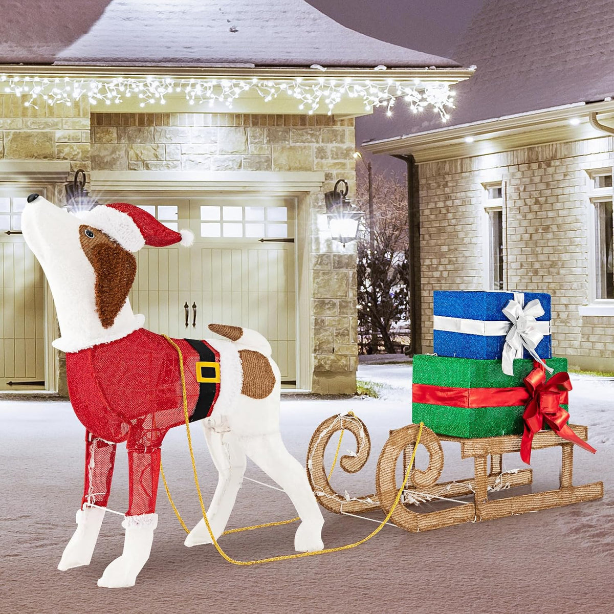 Tangkula Lighted Christmas Dog with Sleigh & Gift Boxes Combo Decorations, Xmas Lighted Indoor Decorations, Pre-lit Christmas Decoration with 170 Warm Bright Lights for Porch Garden Patio Yard