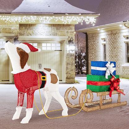 Tangkula Lighted Christmas Dog with Sleigh & Gift Boxes Combo Decorations, Xmas Lighted Indoor Decorations, Pre-lit Christmas Decoration with 170 Warm Bright Lights for Porch Garden Patio Yard