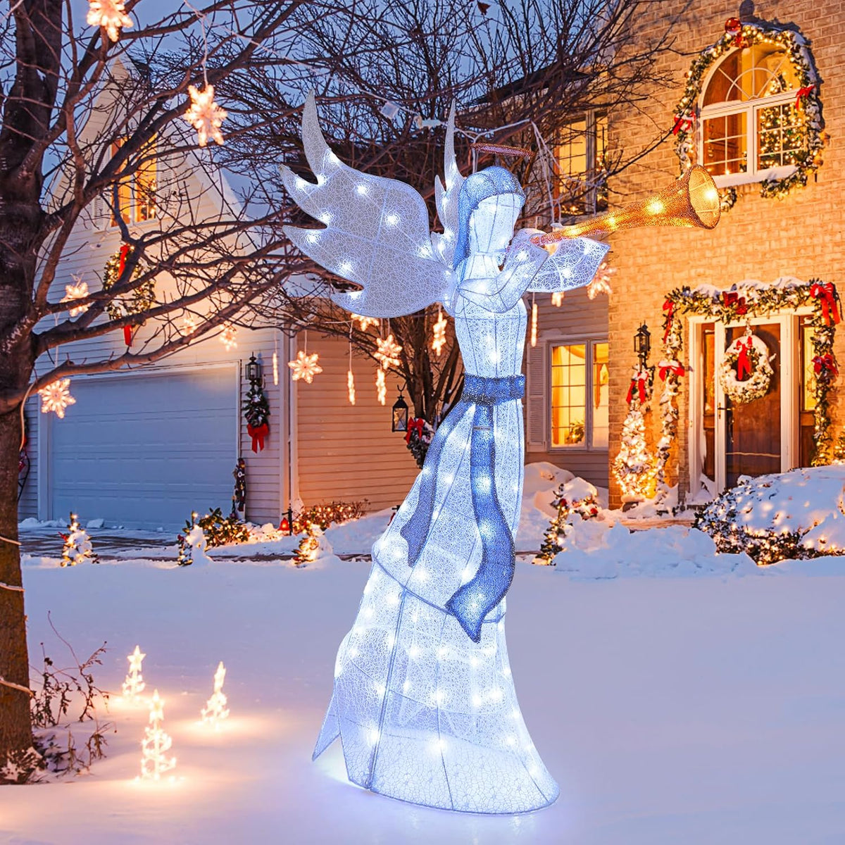 Tangkula 5 FT Christmas Lighted Angel with Trumpet & Halo, 3D Angel Decor
