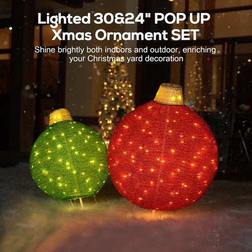 Hykolity 2 Pack 30" + 24" Pop-Up Pre-Lit Outdoor Christmas Ornament Set, Holiday Ball Decoration with 230 Warm White LEDs, 8 Light Modes & 18H Timer, Red & Green