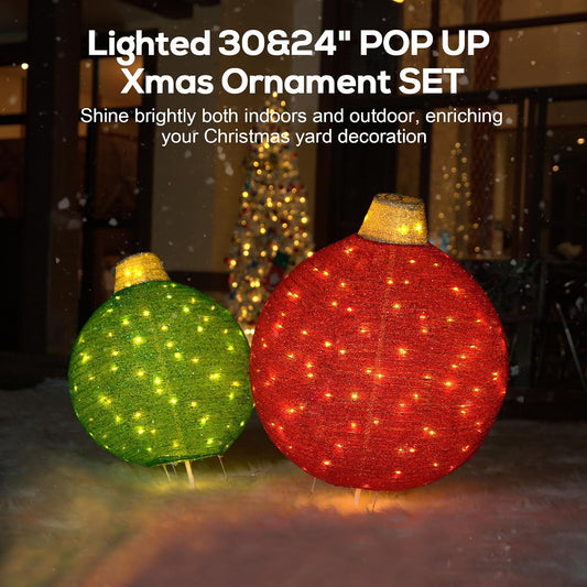 Hykolity 2 Pack 30" + 24" Pop-Up Pre-Lit Outdoor Christmas Ornament Set, Holiday Ball Decoration with 230 Warm White LEDs, 8 Light Modes & 18H Timer, Red & Green