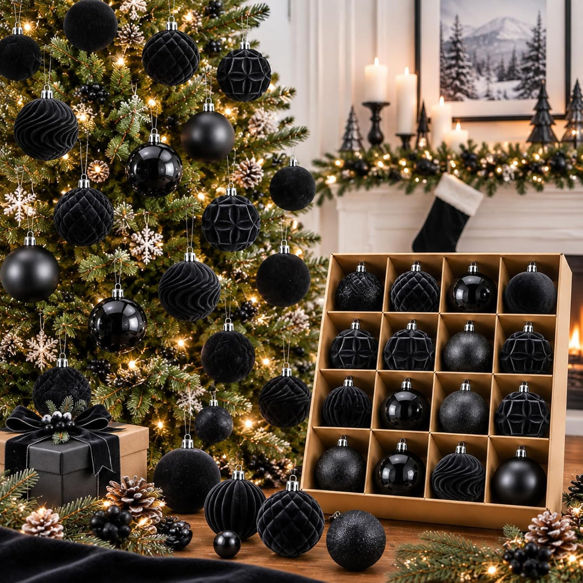 Hollowfly 56 Pcs Burgundy Velvet Christmas Balls Ornaments Set