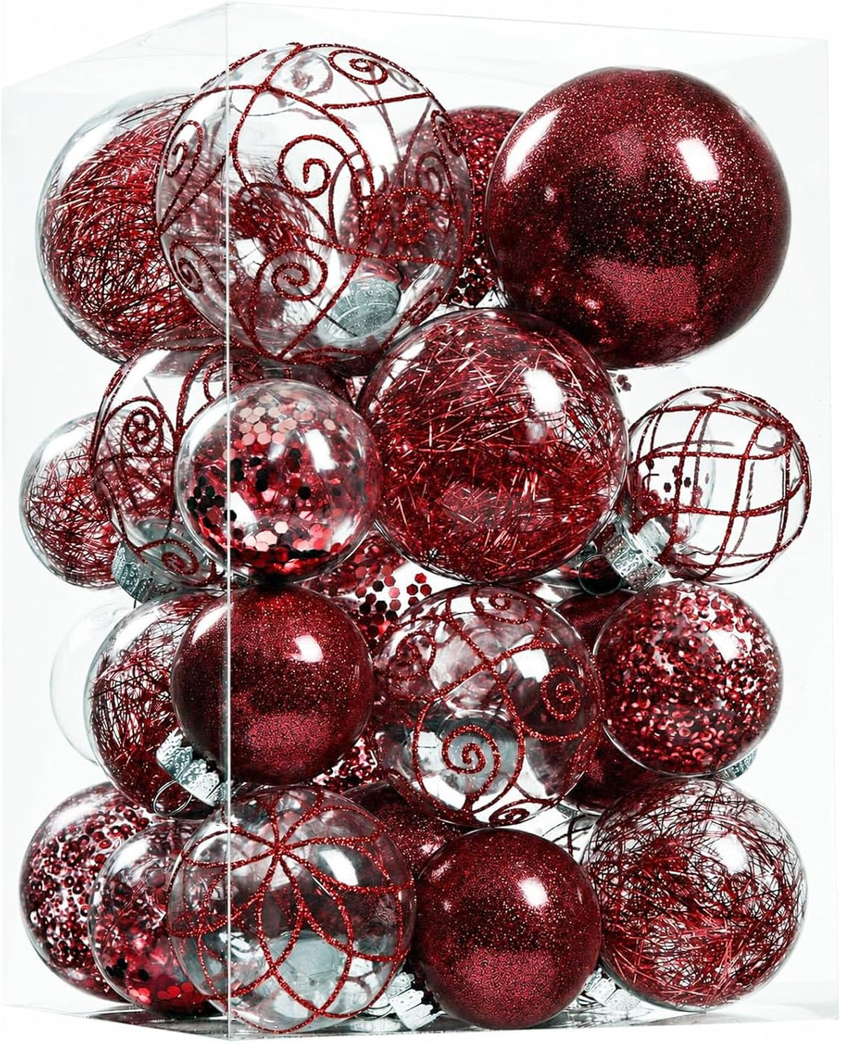 Wironlst Christmas Ball Ornaments Shatterproof Clear Large Plastic Hanging Ball Decorative Baubles Set with Stuffed Delicate Decorations (Multi-Size, Red)