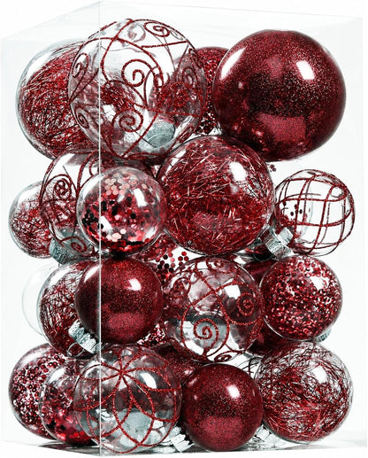 Wironlst Christmas Ball Ornaments Shatterproof Clear Large Plastic Hanging Ball Decorative Baubles Set with Stuffed Delicate Decorations (Multi-Size, Red)
