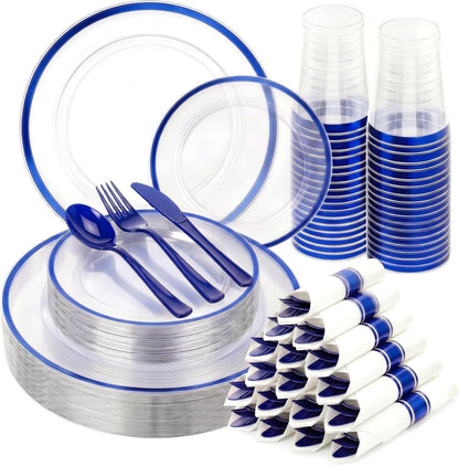 350PCS Clear Red Plastic Plates Dinnerware Sets for 50 Guests